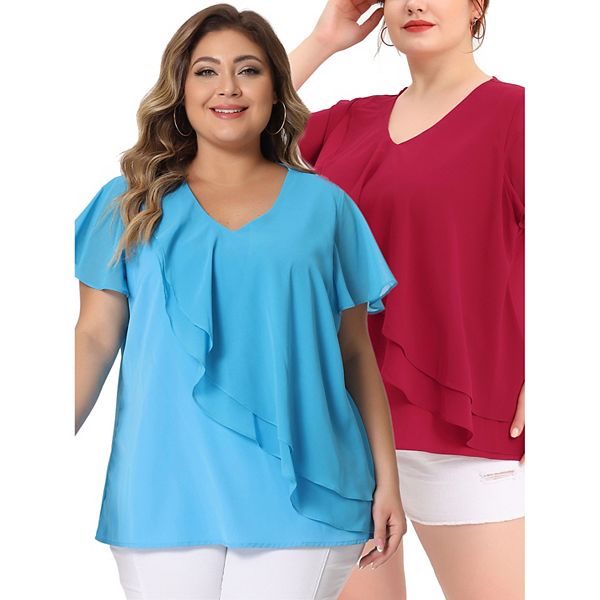 Women's Plus Size Ruffled Sleeve V Neck Multi-layered Top Blouses Agnes Orinda