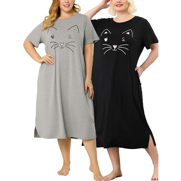 Women's Plus Size Comfy Pajamas Cute Moggy Print Side Pocket Nightgown Agnes Orinda