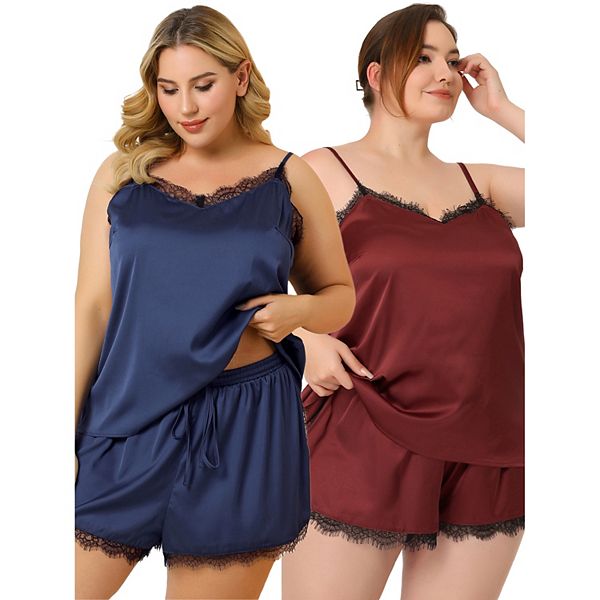 Women's Plus Lace Panel Cami Elastic Waist Shorts Camisole Pajama Set Agnes Orinda