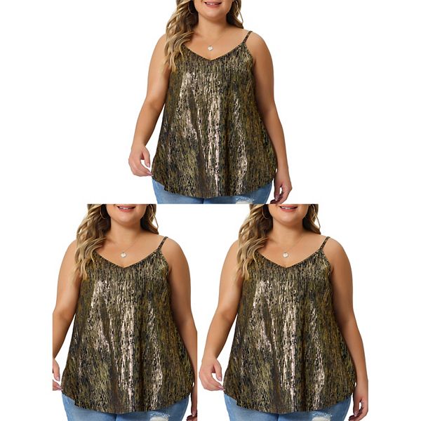 Women's Plus Size Spaghetti Strap Glitter Metallic Outfits V Neck Camisoles Agnes Orinda