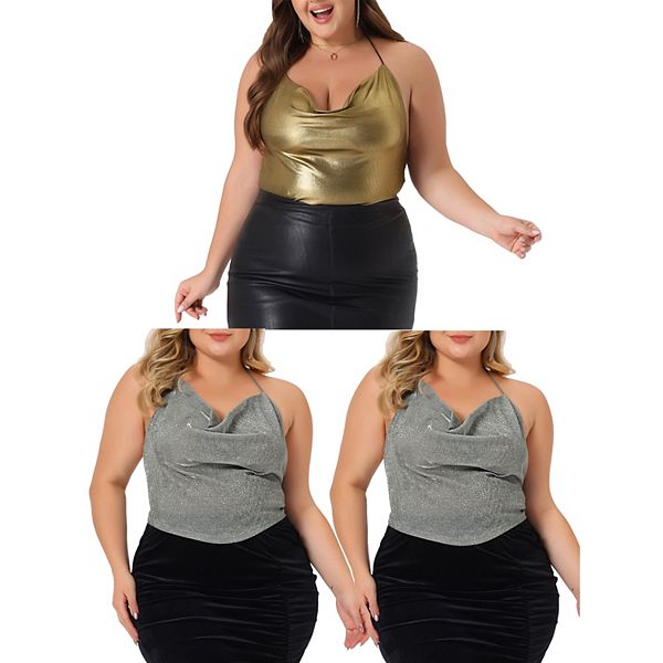 Plus Size Women Glitter Sleeveless Camisole Criss Cross Backless Crop Top Agnes Orinda