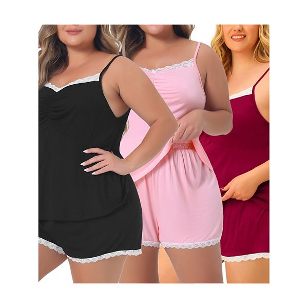 Women's Plus Size Pajama Set Cami Strap Lace Trim Sleeveless Sleepwear Agnes Orinda