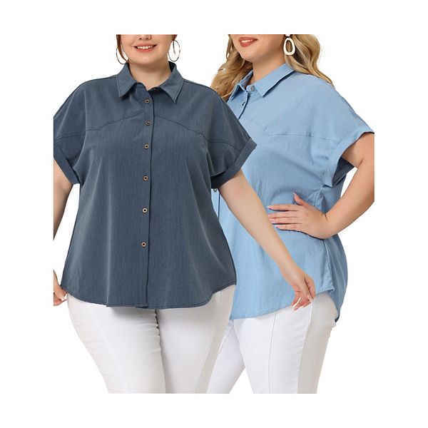 Women's Plus Size T-shirt Button Down Chambray Short Sleeve Shirts Agnes Orinda