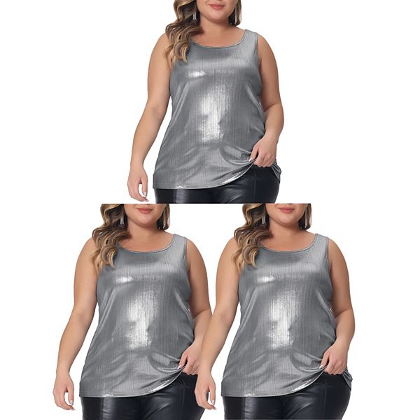 Women's Plus Size Shiny Metallic Tank Top Shirt Round Neck Sleeveless Tee Blouse Agnes Orinda