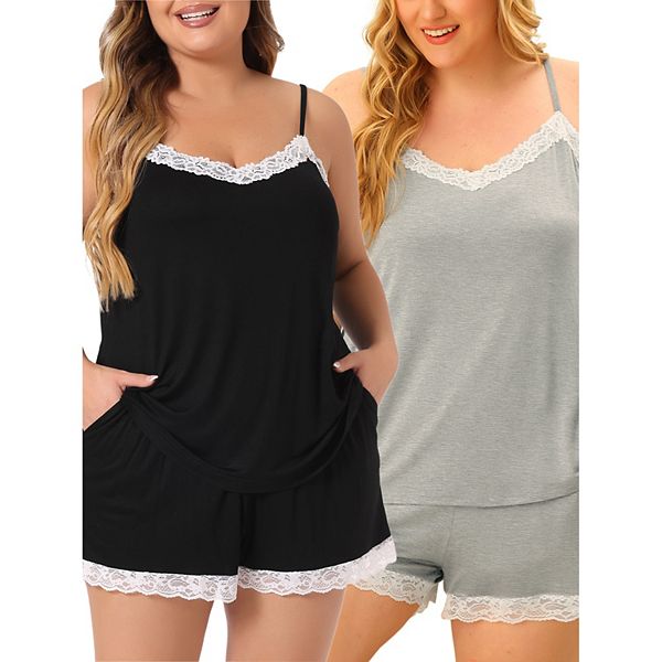 Women Plus Size Pajamas Set Cami Lace Panel Shorts Sleepwear Loungewear Agnes Orinda