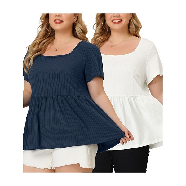 Women's Plus Size Rib Solid Peplum Square Neck Babydoll Tee Blouse Agnes Orinda