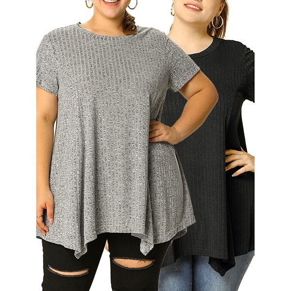 Women's Plus Size Short Sleeve Round Neck Solid Asymmetrical Top Blouse Agnes Orinda