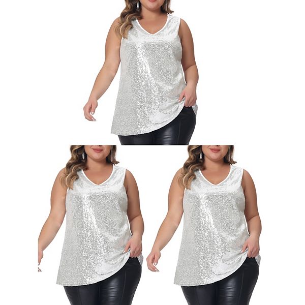 Women's Plus Size Sleeveless Sparkle Shimmer Glitter Sequin V Neck Tank Tops Agnes Orinda