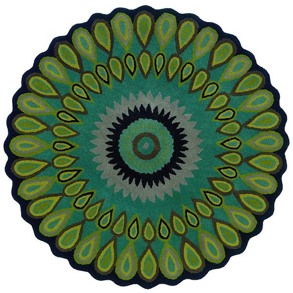 7.75' Green and Black Peacock Hand Tufted Wool Round Area Throw Rug Laddha Home Designs