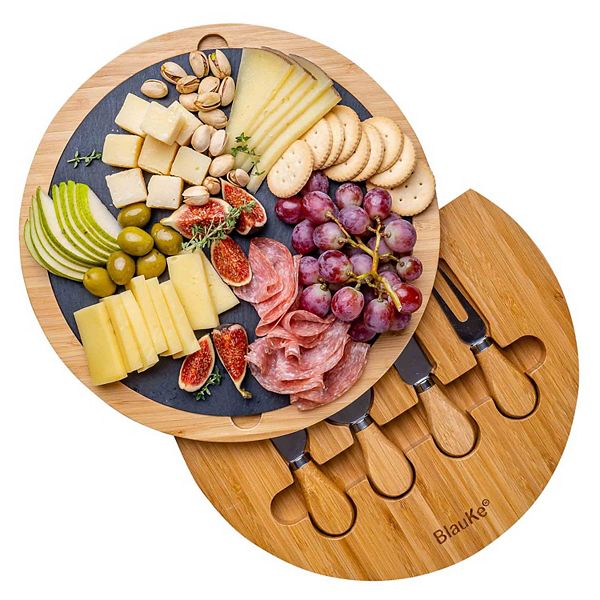 Round Wooden Cheese Board with Knife Set and Removable Slate - 12 inch Swiveling Charcuterie Board Blauke