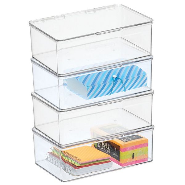 mDesign Plastic Home Office Storage Organizer Bin Box, Hinged Lid, 4 Pack MDesign