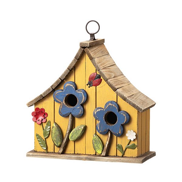 Glitzhome Distressed Solid Wood Hanging Birdhouse With 3d Flowers Glitzhome