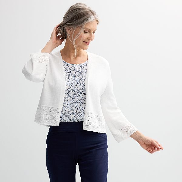 Petite Croft & Barrow® Pointelle Lace Hem Cardigan Croft & Barrow