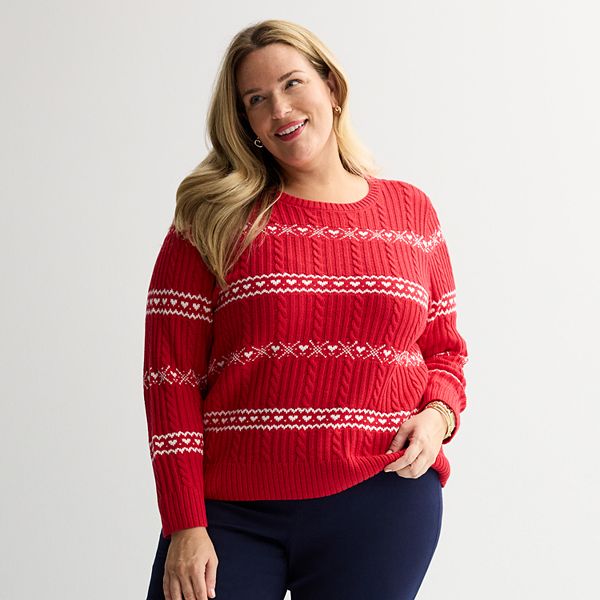 Plus Size Croft & Barrow® Valentine Fair Isle Cable Knit Sweater Croft & Barrow