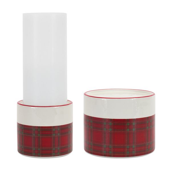 Melrose Plaid Ceramic Candle Holder Table Decor 2-Piece Set Melrose