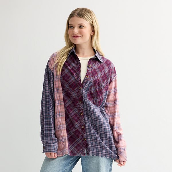 Детская Блузка Rewind Oversized Mixed Plaid Flannel Button Front Shirt Rewind