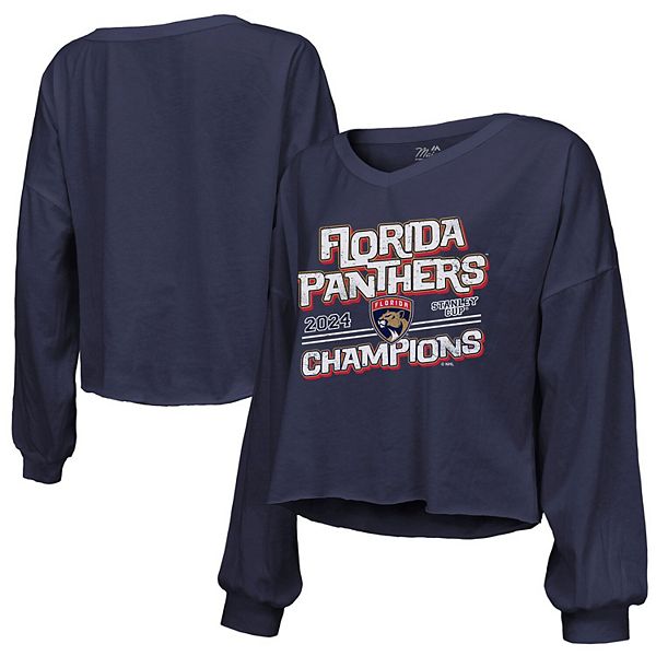 Женская Футболка Majestic Threads Синяя Florida Panthers 2024 Чемпионы Кубка Стэнли С Вырезом На Плечах Majestic Threads