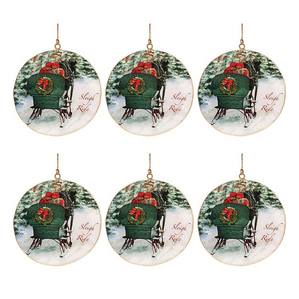 Melrose Metal Sleigh Ride Disc Ornaments 6 pc Holiday Decor Set Melrose