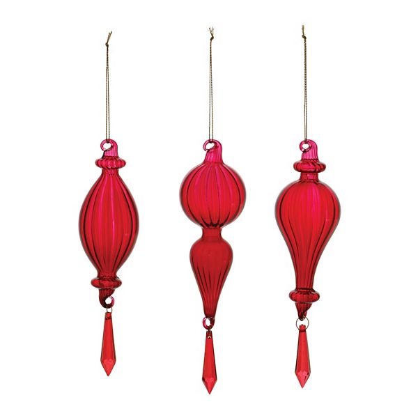 Melrose Red Ribbed Glass Drop Ornaments 3 pc Holiday Decor Set Melrose