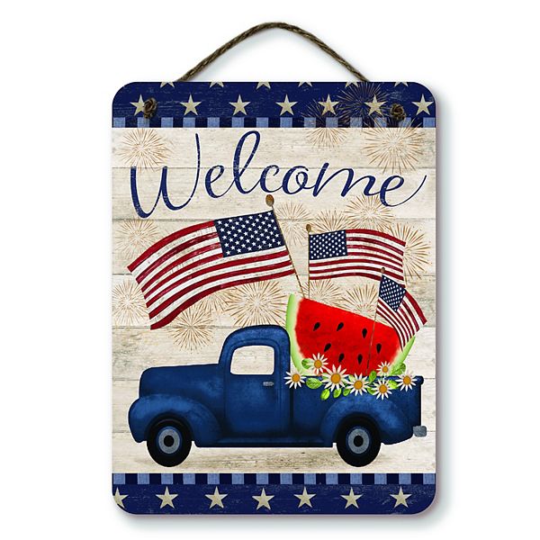 COURTSIDE MARKET Blue Truck Americana Welcome Hanging Artboard Wall Decor Courtside Market