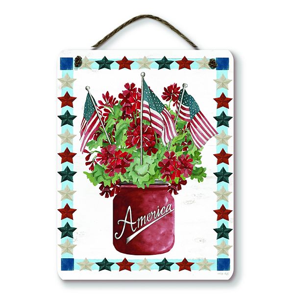 COURTSIDE MARKET American Flag & Flowers Hanging Artboard Wall Decor Courtside Market