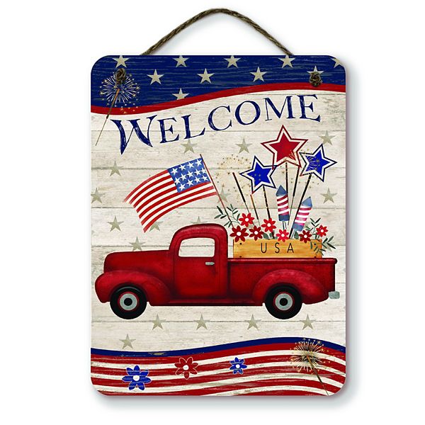 COURTSIDE MARKET Red Truck Americana Welcome Hanging Artboard Wall Decor Courtside Market