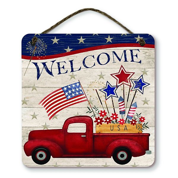 COURTSIDE MARKET Red Truck Americana Welcome Square Hanging Artboard Wall Decor Courtside Market