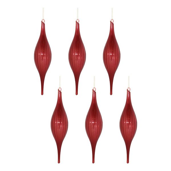 Melrose Red Ribbed Glass Drop Ornaments 6 pc Holiday Decor Set Melrose