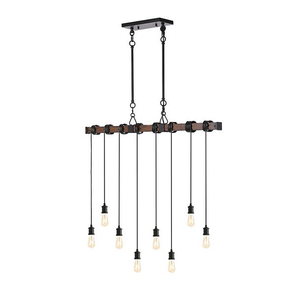 Rhys 8-light Vintage Industrial Driftwood Iron Led Linear Chandelier With Height Adjustable Bulbs Jonathan Y Designs