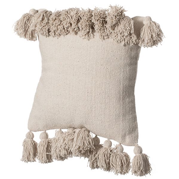 Handwoven Cotton Throw Pillow Cover with Side Fringed Tassels, Natural Deerlux