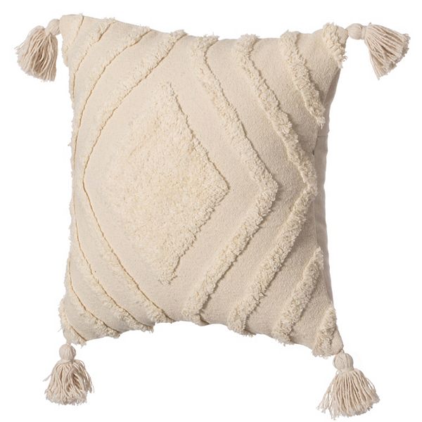 Handwoven Cotton Throw Pillow Cover with White Tufted Large Chevron Pattern and Tassel Corners Deerlux