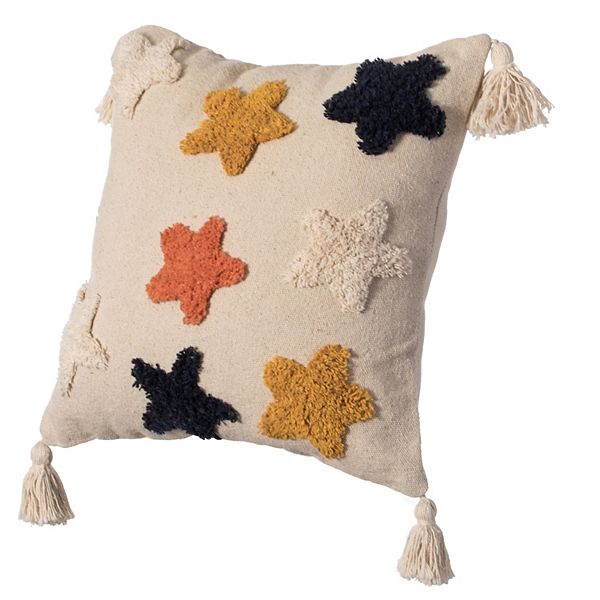 Handwoven Cotton Throw Pillow Cover with Tufted Star Pattern and Side Tassels Deerlux