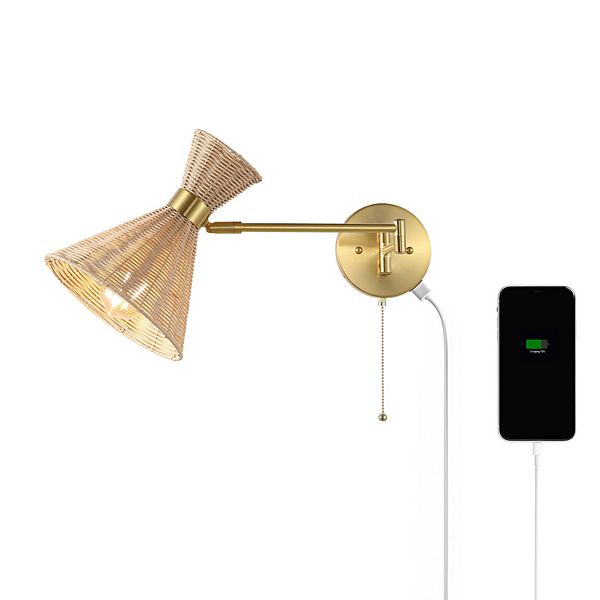 Lily 1-light Mid-century Vintage Retro Rattan/metal Usb Charging Swing Arm Led Sconce, Pull Chain Jonathan Y Designs