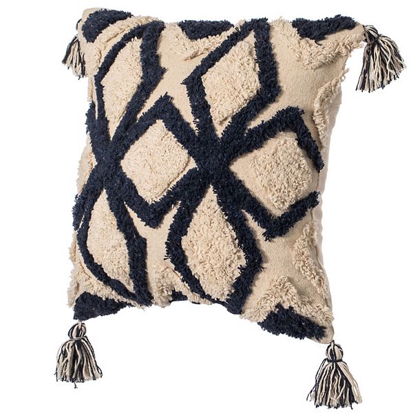 Handwoven Cotton Throw Pillow Cover with Tufted Geometric Pattern and Corner Tassels with Filler Deerlux