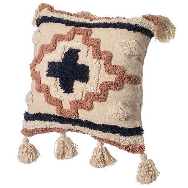 Handwoven Cotton Throw Pillow Cover with Tufted Border Pattern and Side Tassels with Filler Deerlux