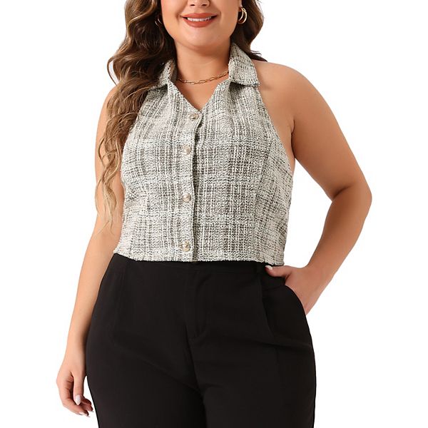 Plus Size Waistcoat For Women Tweed Halter Neck Sleeveless Single Breasted Vests Agnes Orinda