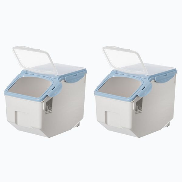 White Plastic Storage Food Holder Containers, Set Of 2, With A Measuring Cup And Wheels, Medium Basicwise