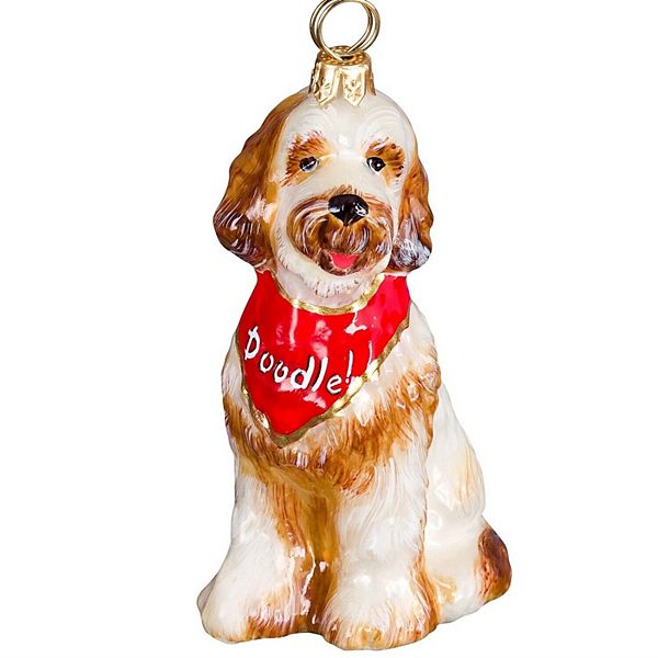 Joy To The World Sitting Goldendoodle With Bandana Polish Glass Christmas Ornament Decoration Pinnacle Peak Trading Company