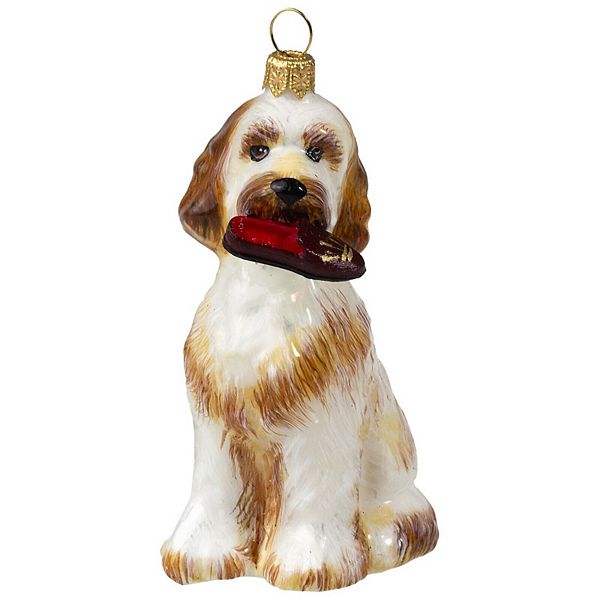 Joy To The World Goldendoodle With Slipper Polish Glass Christmas Ornament Pinnacle Peak Trading Company