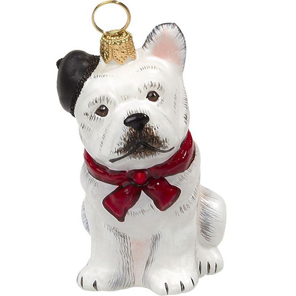 Joy To The World French Bulldog With Beret Polish Glass Christmas Dog Ornament Pinnacle Peak Trading Company