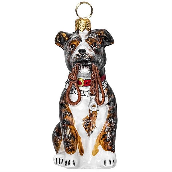 Joy To The World American Staffordshire Terrier With Leash Polish Glass Christmas Ornament Pinnacle Peak Trading Company