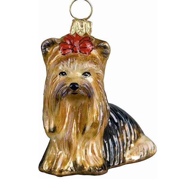 Joy To The World Sitting Yorkshire Terrier Dog With Bow Polish Glass Christmas Tree Ornament Pinnacle Peak Trading Company