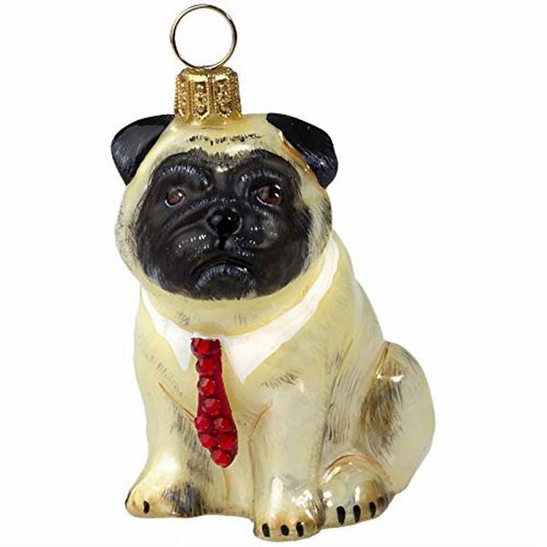 Joy To The World Pug Fawn With Red Crystal Tie Polish Glass Christmas Ornament Pinnacle Peak Trading Company