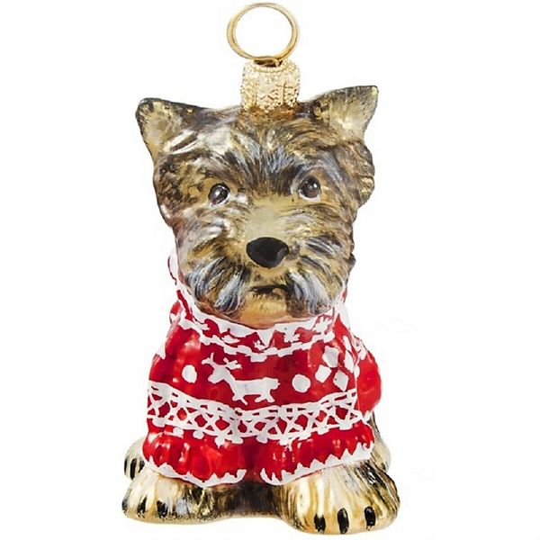 Joy To The World Yorkshire Terrier Yorkie In Nordic Sweater Dog Polish Glass Christmas Ornament Pinnacle Peak Trading Company