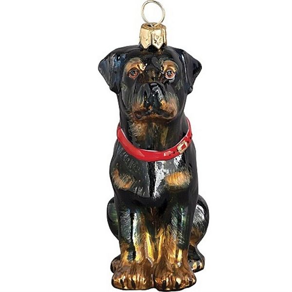 Joy To The World Rottweiler Dog Sitting Polish Blown Glass Christmas Ornament Pinnacle Peak Trading Company