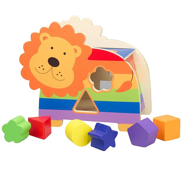 Orange Tree Toys Shape Sorter Lion Wooden 6 Shaped Blocks Wheeled Animal Sorter Educational Toy Orange Tree Toys