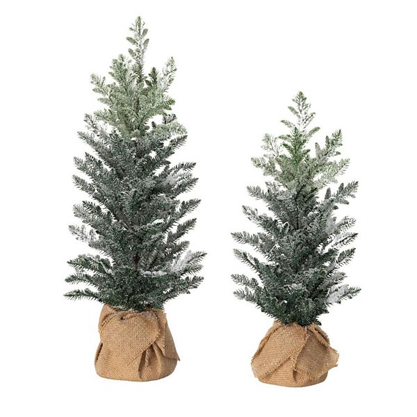 Haven Living 25" and 20.5" Burlap-Wrapped Artificial Snowy Pine Tree Set of 2 Haven Living