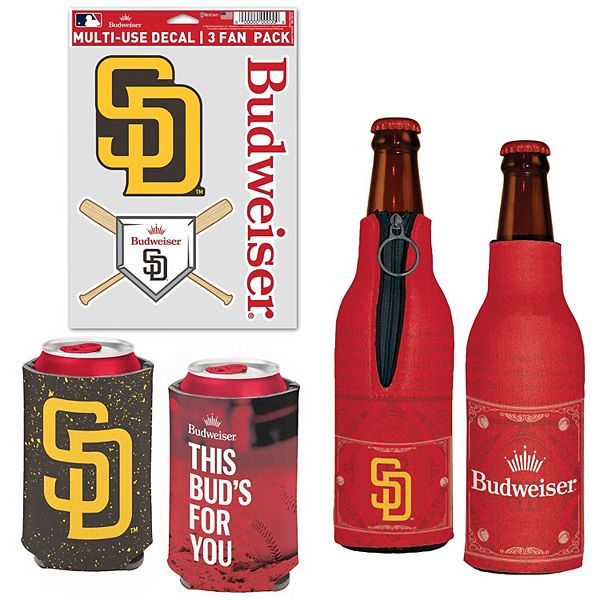 Пакет охладителей и наклеек WinCraft San Diego Padres MLB x Budweiser - 2 охладителя для бутылок, 2 для банок, 3 наклейки Wincraft