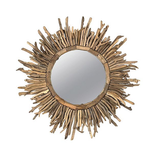 Round Coastal Driftwood Framed Sunburst Mirror Storied Home