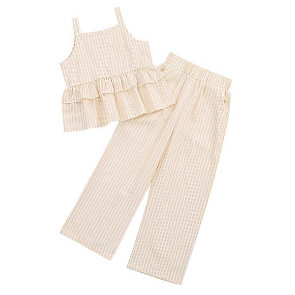 Girl's 2 Piece Outfits Cami Top Wide Leg Pants Ruffle Hem Summer Clothes With 2 Pockets Kojooin